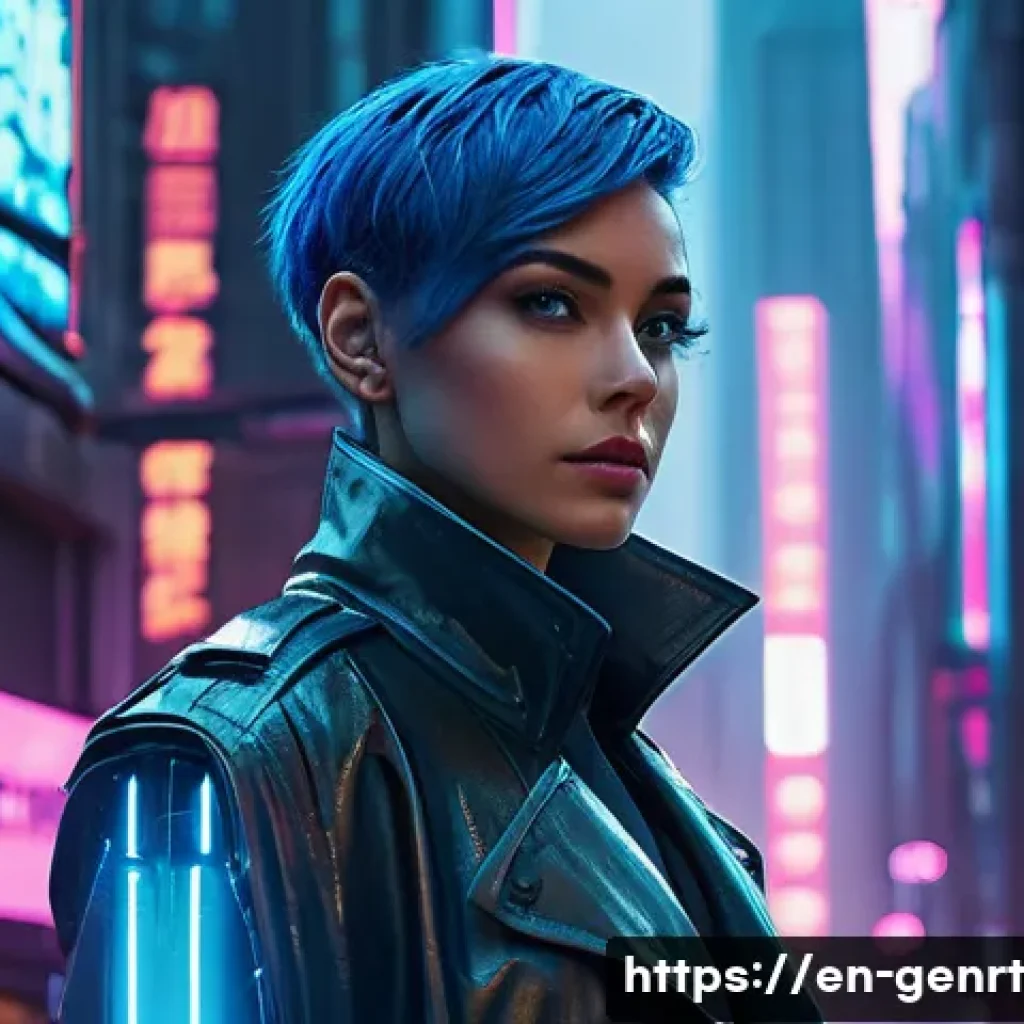 생성형 AI로 영상 콘텐츠 제작하기 - A female cyberpunk detective, in her late 20s, with short, vibrant blue hair and a subtle glowing cy...
