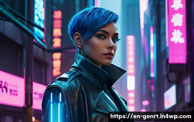 생성형 AI로 영상 콘텐츠 제작하기 - A female cyberpunk detective, in her late 20s, with short, vibrant blue hair and a subtle glowing cy...