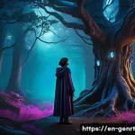 Home 22 AI 아트를 활용한 창의적 프로젝트 아이디어 - A surreal digital storybook scene featuring a mystical forest at twilight, with glowing bioluminesce...