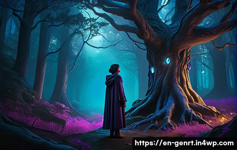 AI 아트를 활용한 창의적 프로젝트 아이디어 - A surreal digital storybook scene featuring a mystical forest at twilight, with glowing bioluminesce...