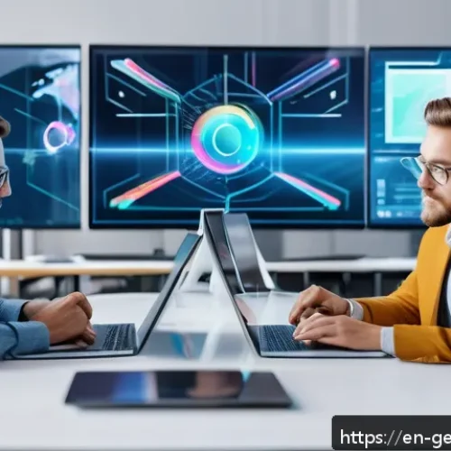 Home 32 생성형 AI 활용 사례 기업의 혁신 전략 - A modern product development team collaborating in a bright, open office space filled with digital s...