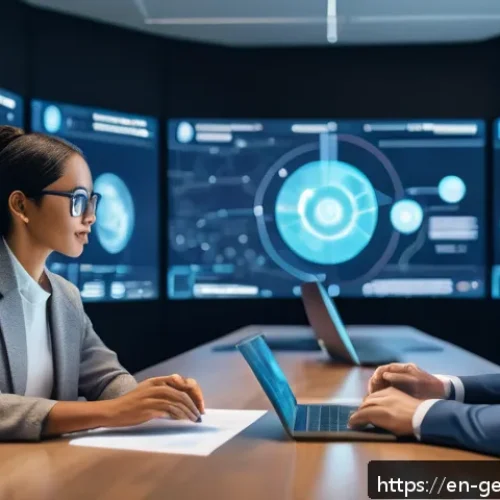 Home 31 생성형 AI의 사회적 영향과 윤리적 고려 - A futuristic office environment showcasing diverse professionals collaborating with AI-powered holog...