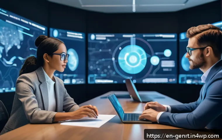 생성형 AI의 사회적 영향과 윤리적 고려 - A futuristic office environment showcasing diverse professionals collaborating with AI-powered holog...