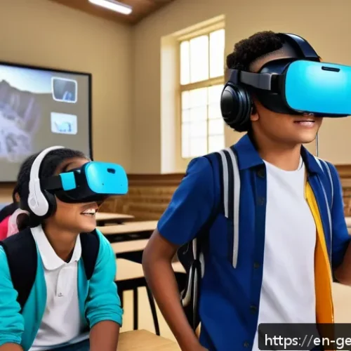 Home 30 AI 도구를 활용한 창의적 교육 방법 - A modern classroom scene featuring diverse middle school students wearing casual clothing and VR hea...