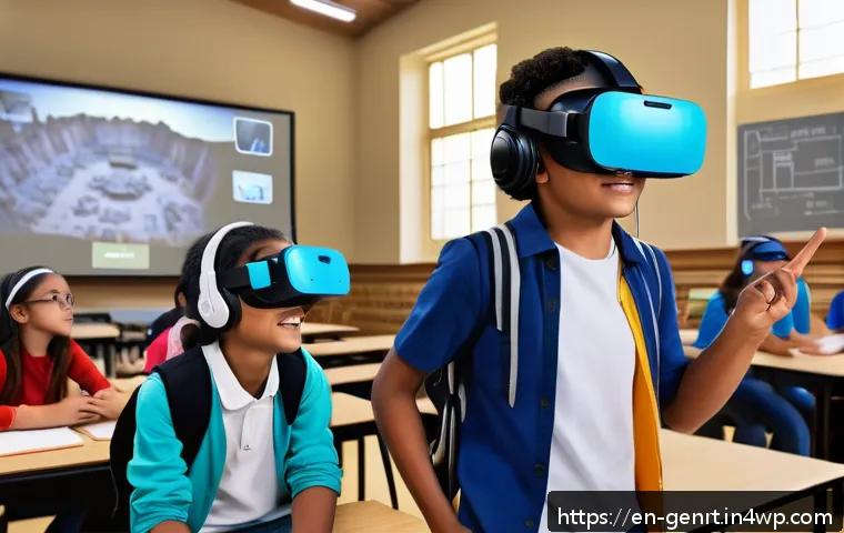 AI 도구를 활용한 창의적 교육 방법 - A modern classroom scene featuring diverse middle school students wearing casual clothing and VR hea...